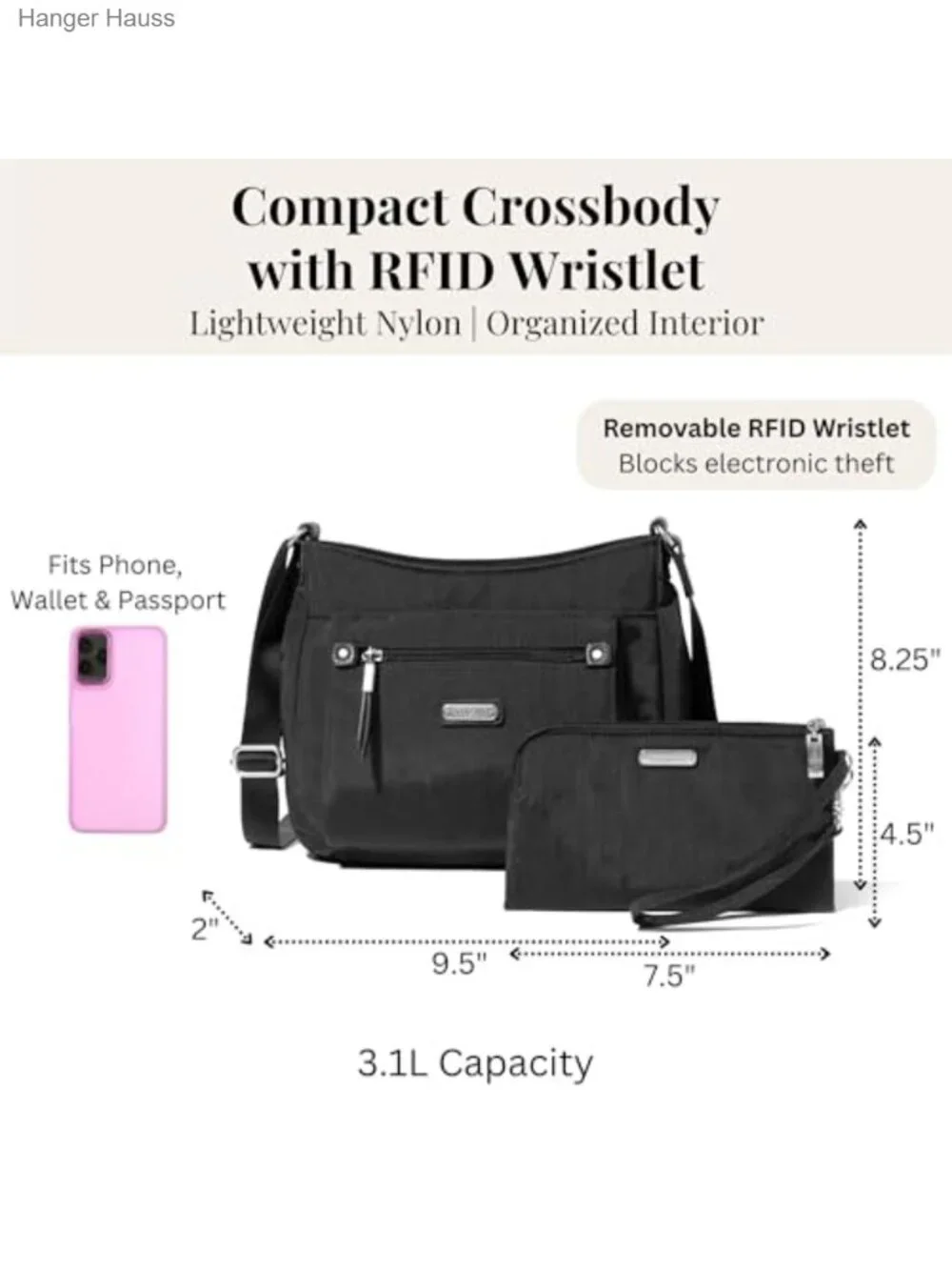 Lightweight Nylon Crossbody Purse with Removable RFID Wristlet, Adjustable Strap